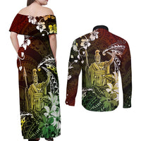 Hawaii King Kamehameha Day Couples Matching Off Shoulder Maxi Dress and Long Sleeve Button Shirt Polynesian Pattern Mix Hibiscus Reggae LT05 - Polynesian Pride