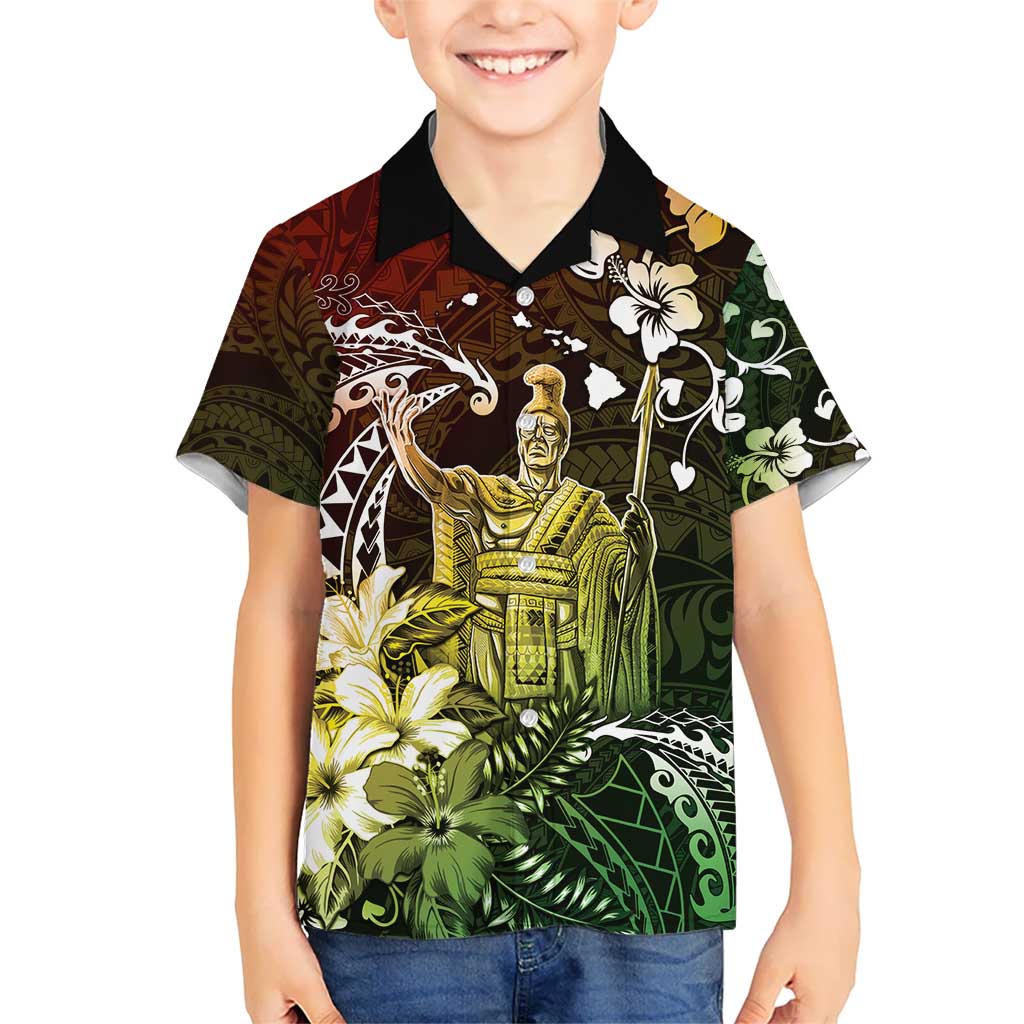 Hawaii King Kamehameha Day Kid Hawaiian Shirt Polynesian Pattern Mix Hibiscus Reggae LT05 Kid Reggae - Polynesian Pride