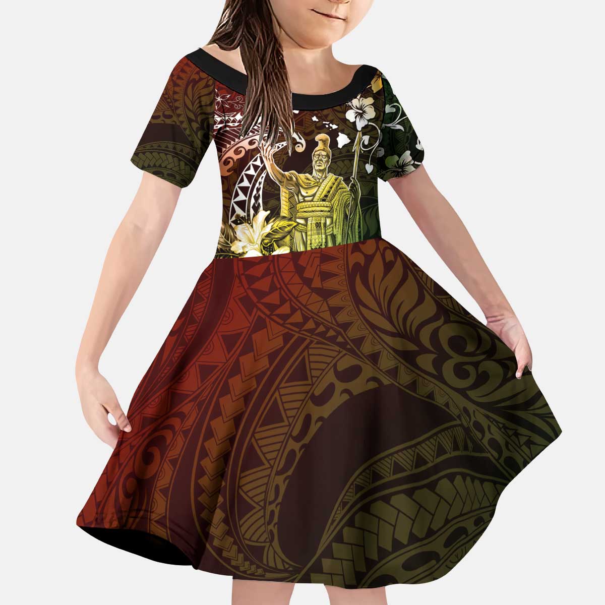 Hawaii King Kamehameha Day Kid Short Sleeve Dress Polynesian Pattern Mix Hibiscus Reggae LT05 KID Reggae - Polynesian Pride