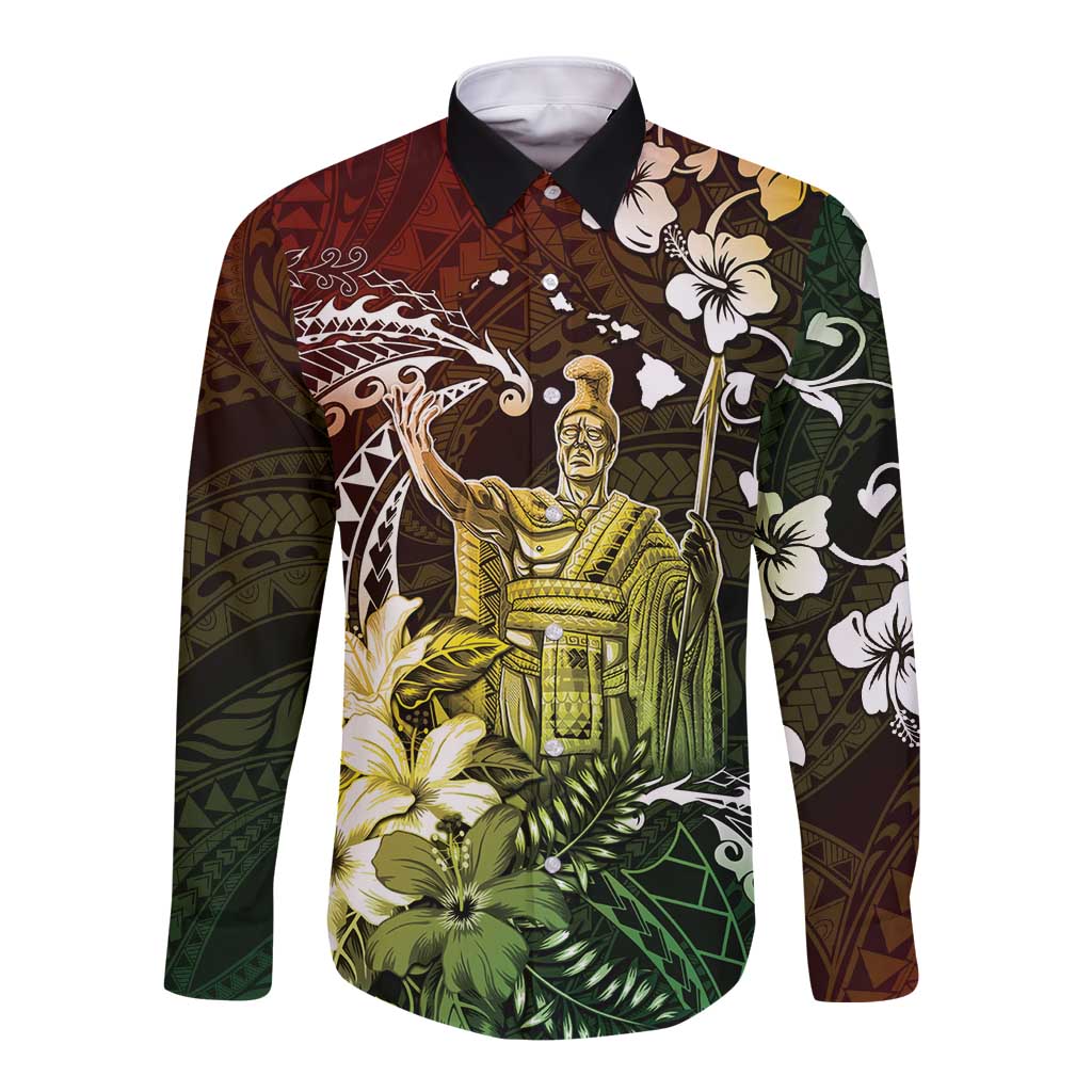 Hawaii King Kamehameha Day Long Sleeve Button Shirt Polynesian Pattern Mix Hibiscus Reggae LT05 Unisex Reggae - Polynesian Pride