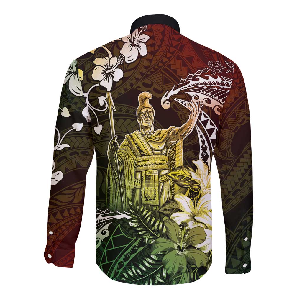 Hawaii King Kamehameha Day Long Sleeve Button Shirt Polynesian Pattern Mix Hibiscus Reggae LT05 - Polynesian Pride