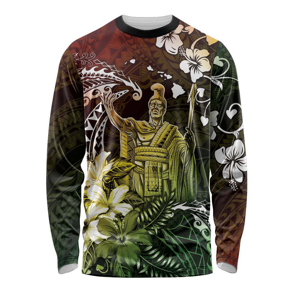 Hawaii King Kamehameha Day Long Sleeve Shirt Polynesian Pattern Mix Hibiscus Reggae LT05 Unisex Reggae - Polynesian Pride