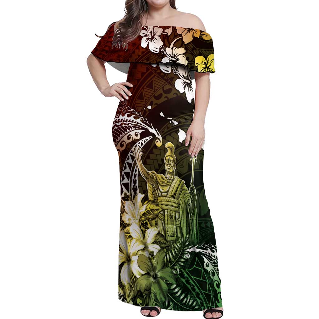 Hawaii King Kamehameha Day Off Shoulder Maxi Dress Polynesian Pattern Mix Hibiscus Reggae LT05 Women Reggae - Polynesian Pride