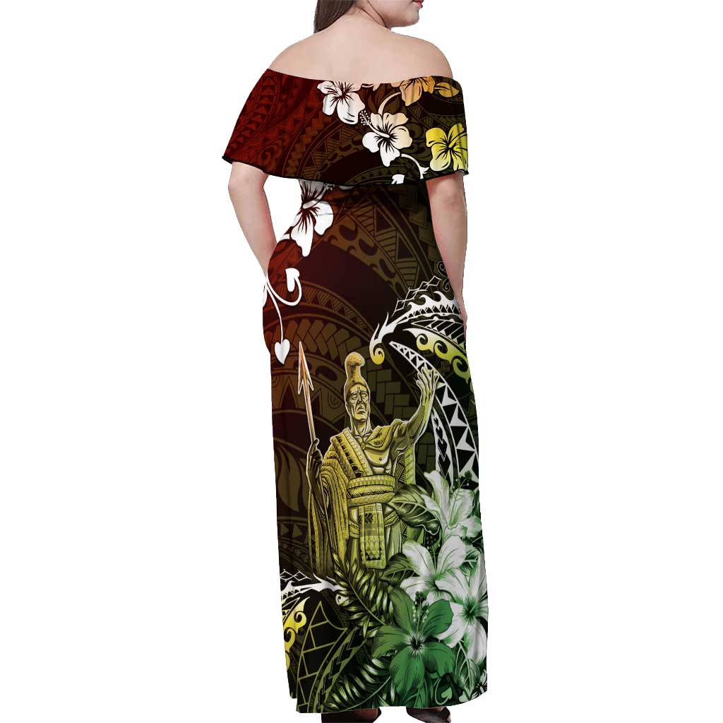 Hawaii King Kamehameha Day Off Shoulder Maxi Dress Polynesian Pattern Mix Hibiscus Reggae LT05 - Polynesian Pride