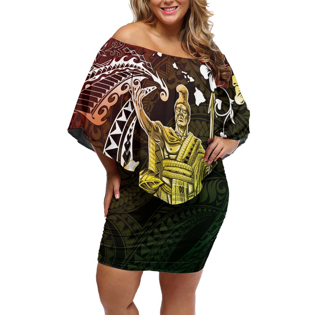 Hawaii King Kamehameha Day Off Shoulder Short Dress Polynesian Pattern Mix Hibiscus Reggae