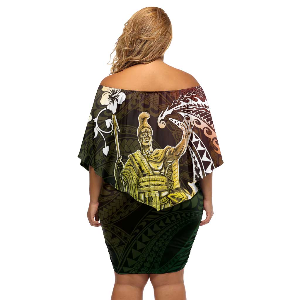 Hawaii King Kamehameha Day Off Shoulder Short Dress Polynesian Pattern Mix Hibiscus Reggae LT05 - Polynesian Pride