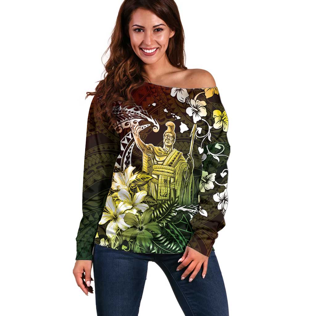 Hawaii King Kamehameha Day Off Shoulder Sweater Polynesian Pattern Mix Hibiscus Reggae