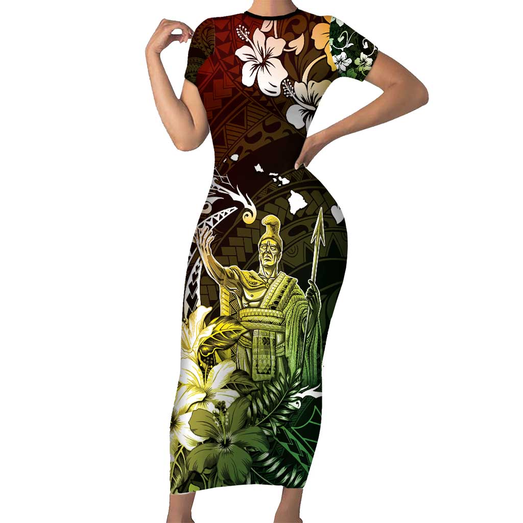 Hawaii King Kamehameha Day Short Sleeve Bodycon Dress Polynesian Pattern Mix Hibiscus Reggae