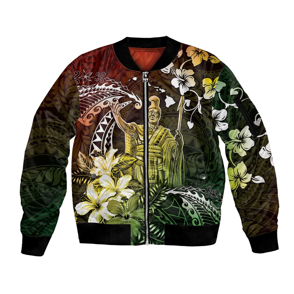 Hawaii King Kamehameha Day Sleeve Zip Bomber Jacket Polynesian Pattern Mix Hibiscus Reggae LT05 Unisex Reggae - Polynesian Pride