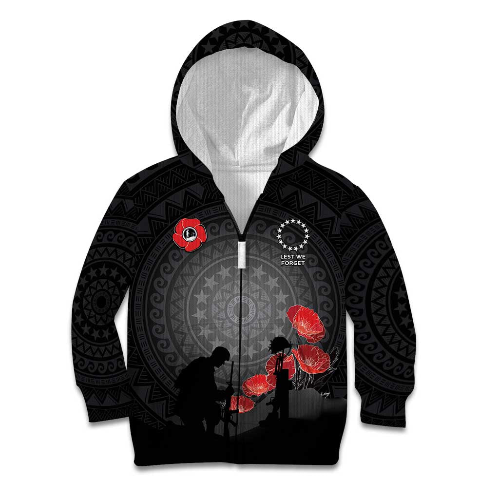 Cook Islands ANZAC Day Kid Hoodie Soldier Silhouette Remembrance LT05 Zip Hoodie Black - Polynesian Pride