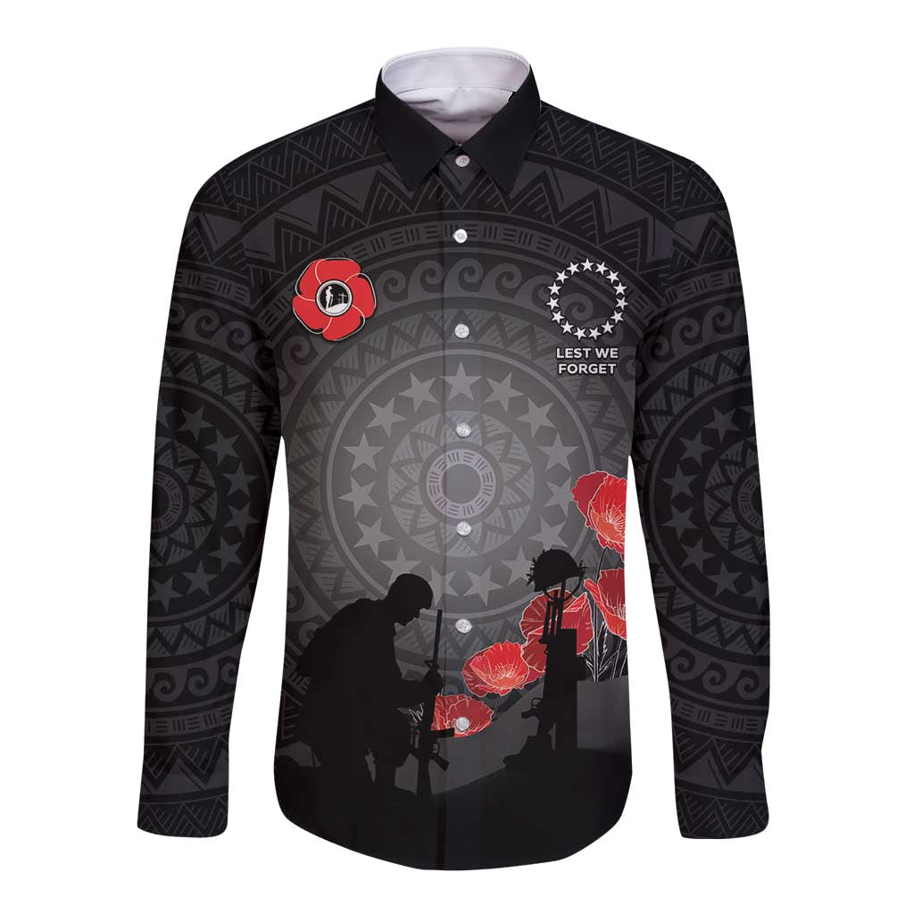 Cook Islands ANZAC Day Long Sleeve Button Shirt Soldier Silhouette Remembrance LT05 Unisex Black - Polynesian Pride