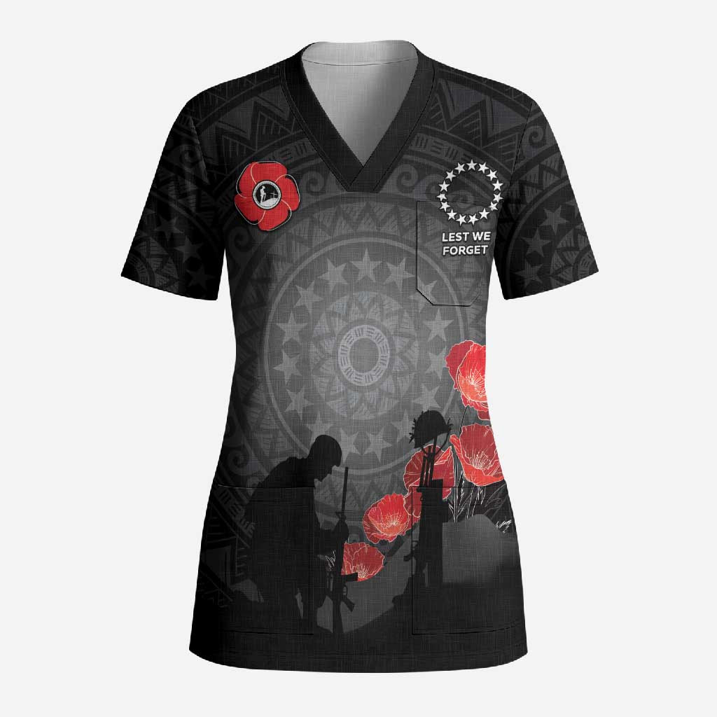 Cook Islands ANZAC Day Scrub Top Soldier Silhouette Remembrance LT05 Adult Black - Polynesian Pride