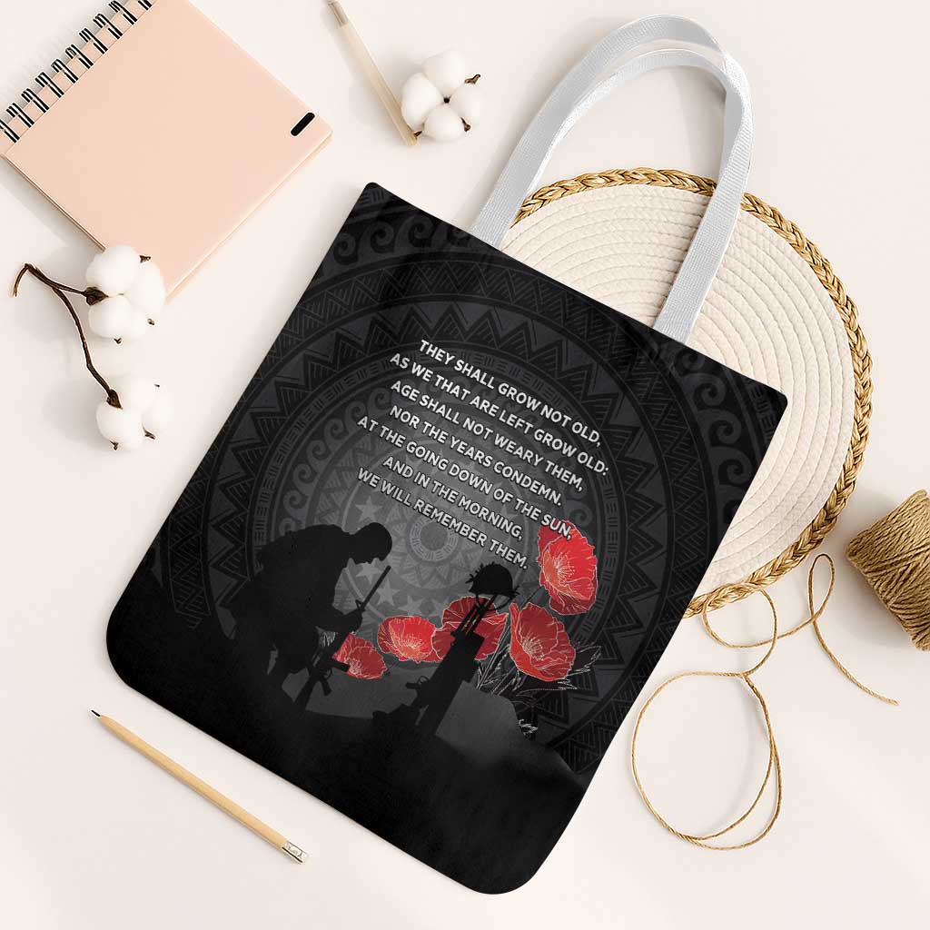 Cook Islands ANZAC Day Tote Bag Soldier Silhouette Remembrance LT05 White Strap One Size Black - Polynesian Pride