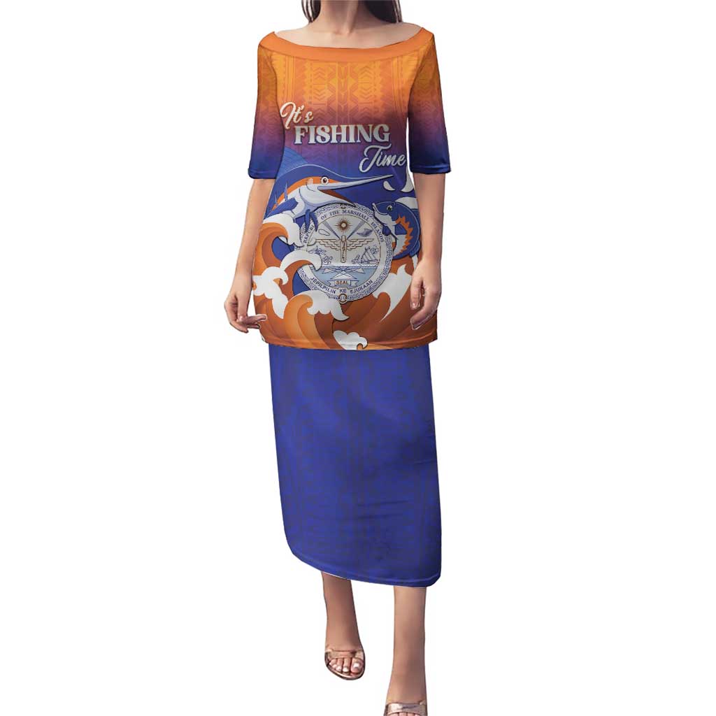 Marshall Islands Fishermen's Day Puletasi It's Fishing Time LT05 Long Dress Orange - Polynesian Pride