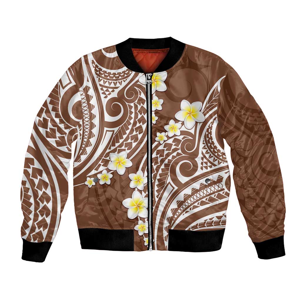 Plumeria With Brown Polynesian Tattoo Pattern Bomber Jacket LT05 Unisex Brown - Polynesian Pride