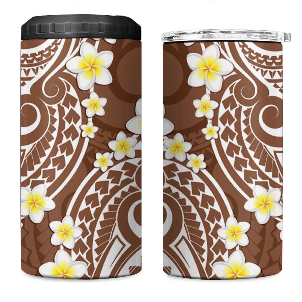 Plumeria With Brown Polynesian Tattoo Pattern 4 in 1 Can Cooler Tumbler LT05 One Size: 16 oz Brown - Polynesian Pride