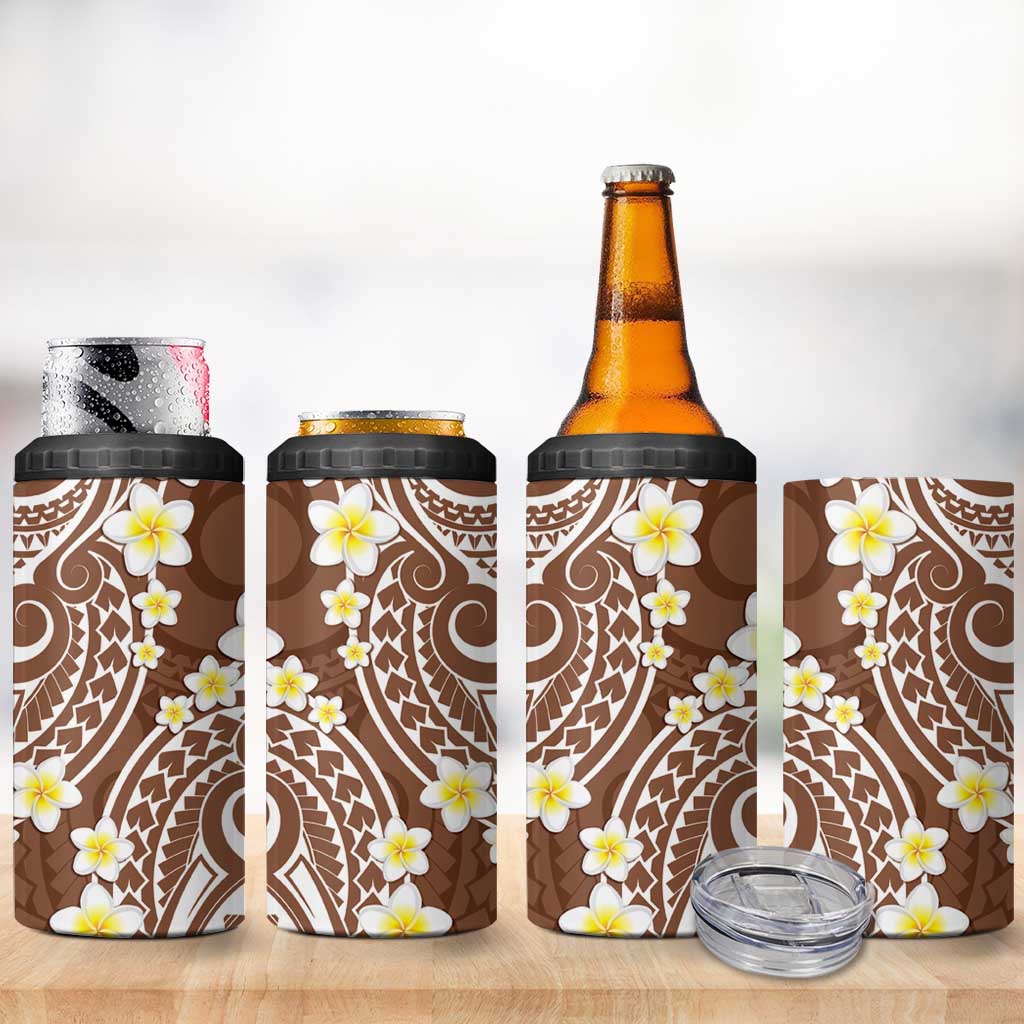 Plumeria With Brown Polynesian Tattoo Pattern 4 in 1 Can Cooler Tumbler LT05 - Polynesian Pride
