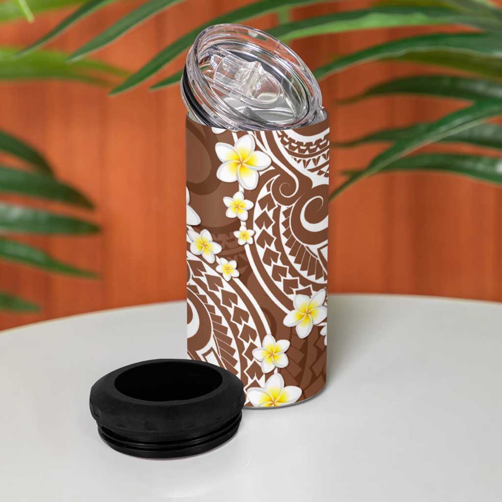 Plumeria With Brown Polynesian Tattoo Pattern 4 in 1 Can Cooler Tumbler LT05 - Polynesian Pride