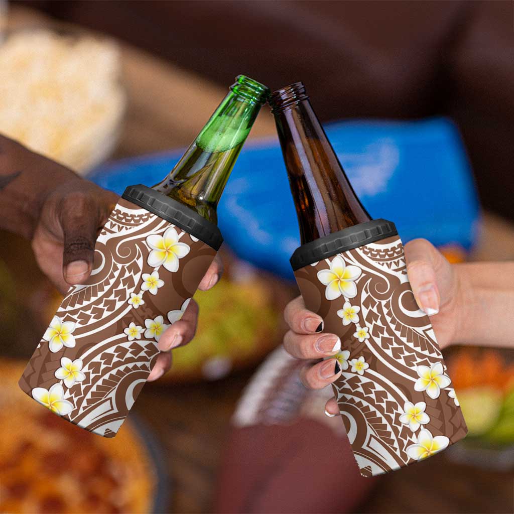 Plumeria With Brown Polynesian Tattoo Pattern 4 in 1 Can Cooler Tumbler LT05 - Polynesian Pride