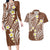 Plumeria With Brown Polynesian Tattoo Pattern Couples Matching Long Sleeve Bodycon Dress and Hawaiian Shirt