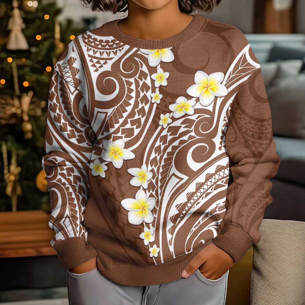 Plumeria With Brown Polynesian Tattoo Pattern Kid Ugly Christmas Sweater LT05 - Polynesian Pride