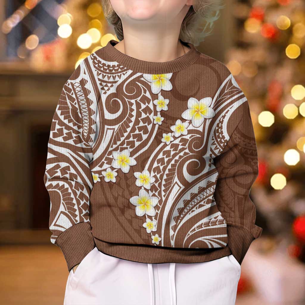 Plumeria With Brown Polynesian Tattoo Pattern Kid Ugly Christmas Sweater LT05 - Polynesian Pride