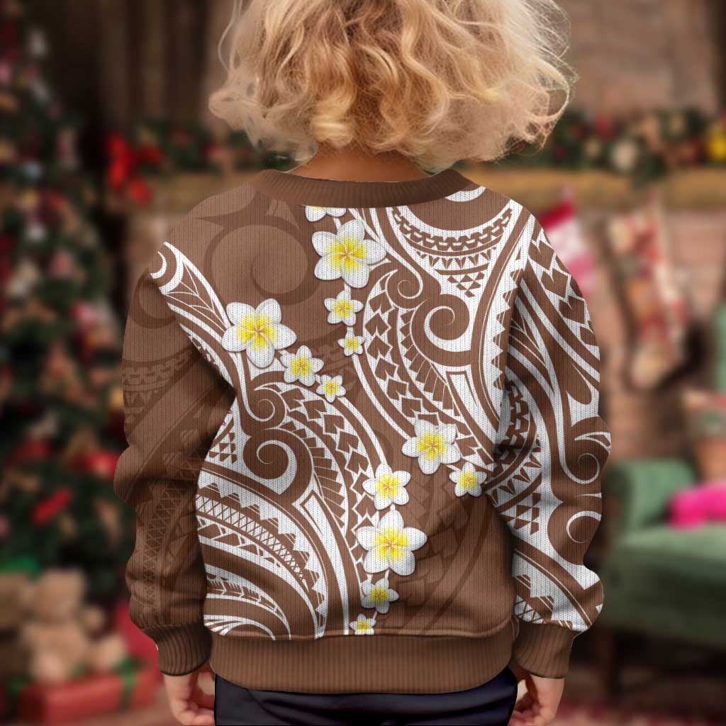 Plumeria With Brown Polynesian Tattoo Pattern Kid Ugly Christmas Sweater LT05 - Polynesian Pride