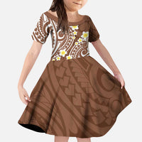 Plumeria With Brown Polynesian Tattoo Pattern Kid Short Sleeve Dress LT05 KID Brown - Polynesian Pride