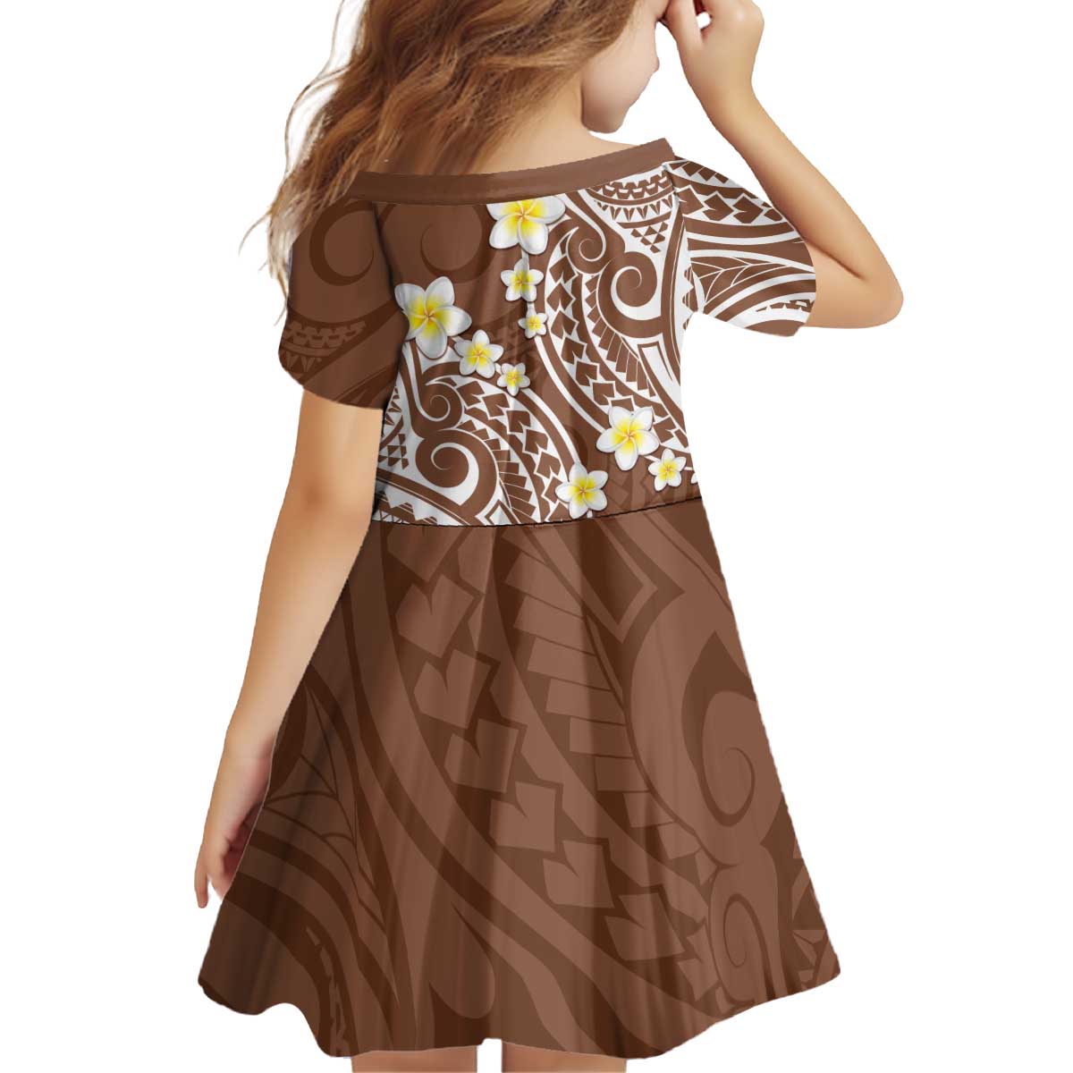 Plumeria With Brown Polynesian Tattoo Pattern Kid Short Sleeve Dress LT05 - Polynesian Pride