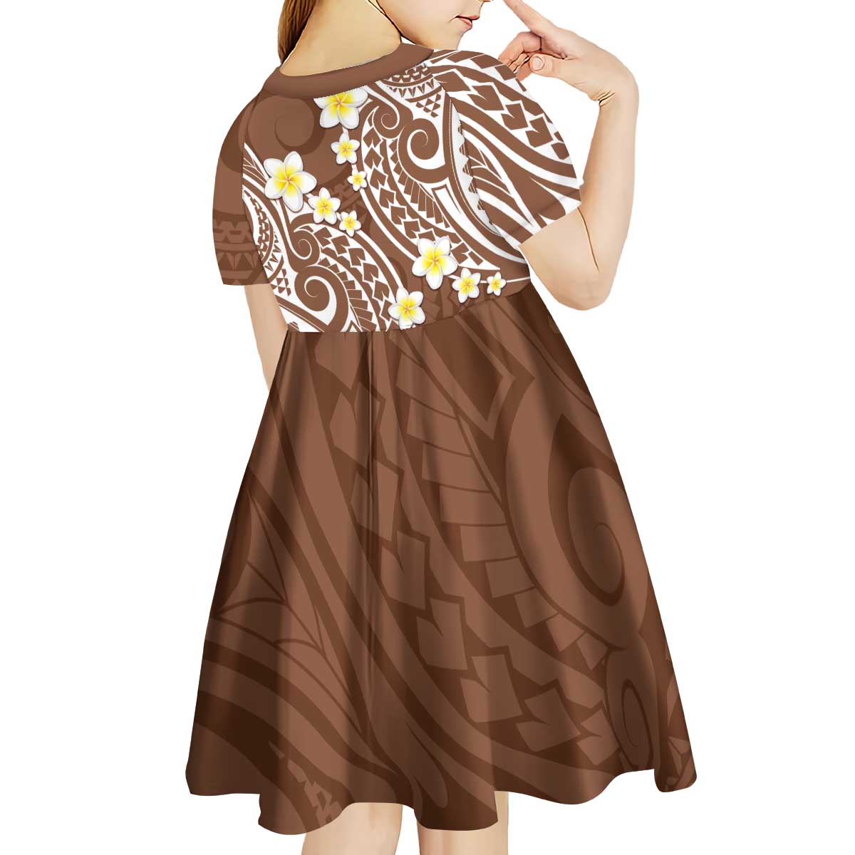 Plumeria With Brown Polynesian Tattoo Pattern Kid Short Sleeve Dress LT05 - Polynesian Pride