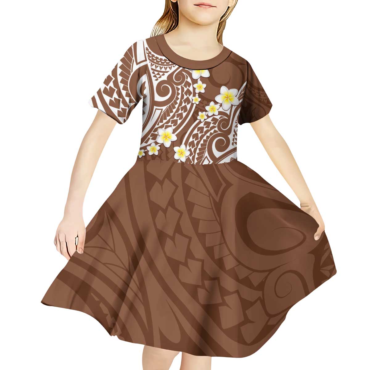 Plumeria With Brown Polynesian Tattoo Pattern Kid Short Sleeve Dress LT05 - Polynesian Pride