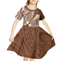 Plumeria With Brown Polynesian Tattoo Pattern Kid Short Sleeve Dress LT05 - Polynesian Pride