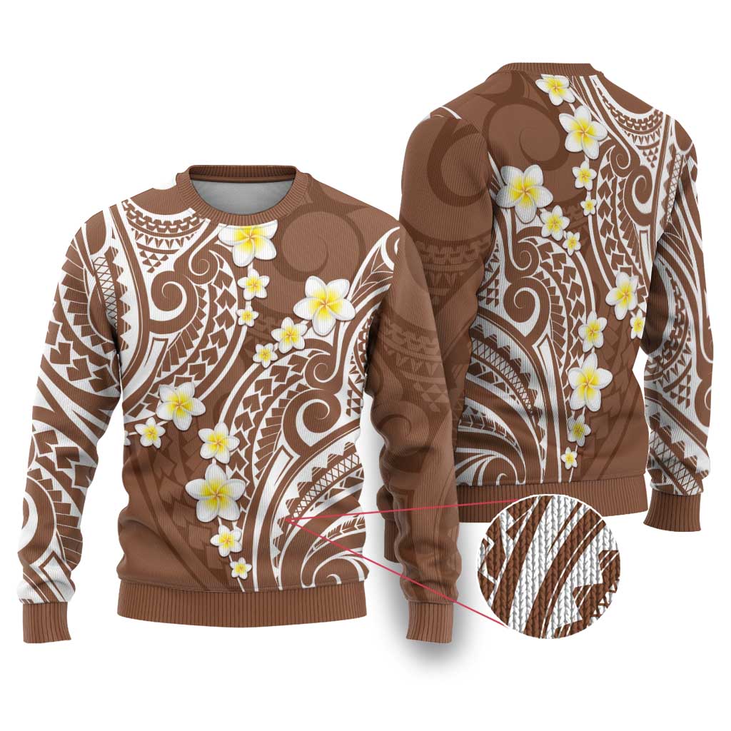 Plumeria With Brown Polynesian Tattoo Pattern Ugly Christmas Sweater LT05 Brown - Polynesian Pride