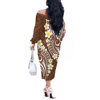 Plumeria With Brown Polynesian Tattoo Pattern Off The Shoulder Long Sleeve Dress LT05 - Polynesian Pride