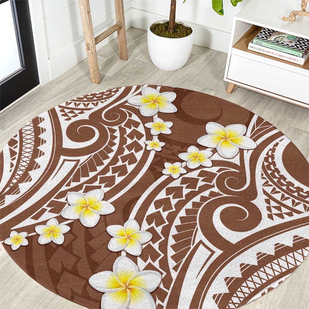 Plumeria With Brown Polynesian Tattoo Pattern Round Carpet LT05 Brown - Polynesian Pride