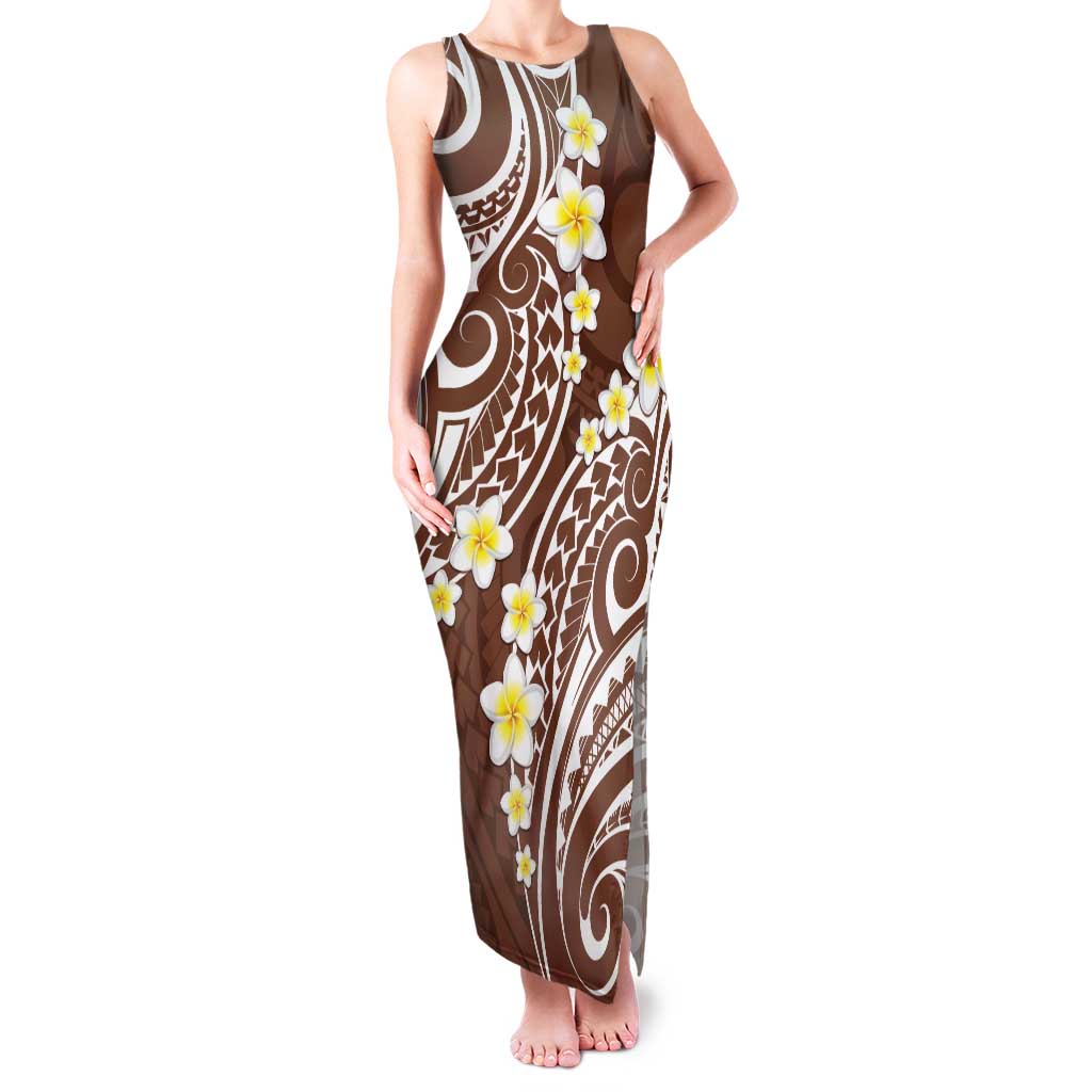 Plumeria With Brown Polynesian Tattoo Pattern Tank Maxi Dress LT05 Women Brown - Polynesian Pride