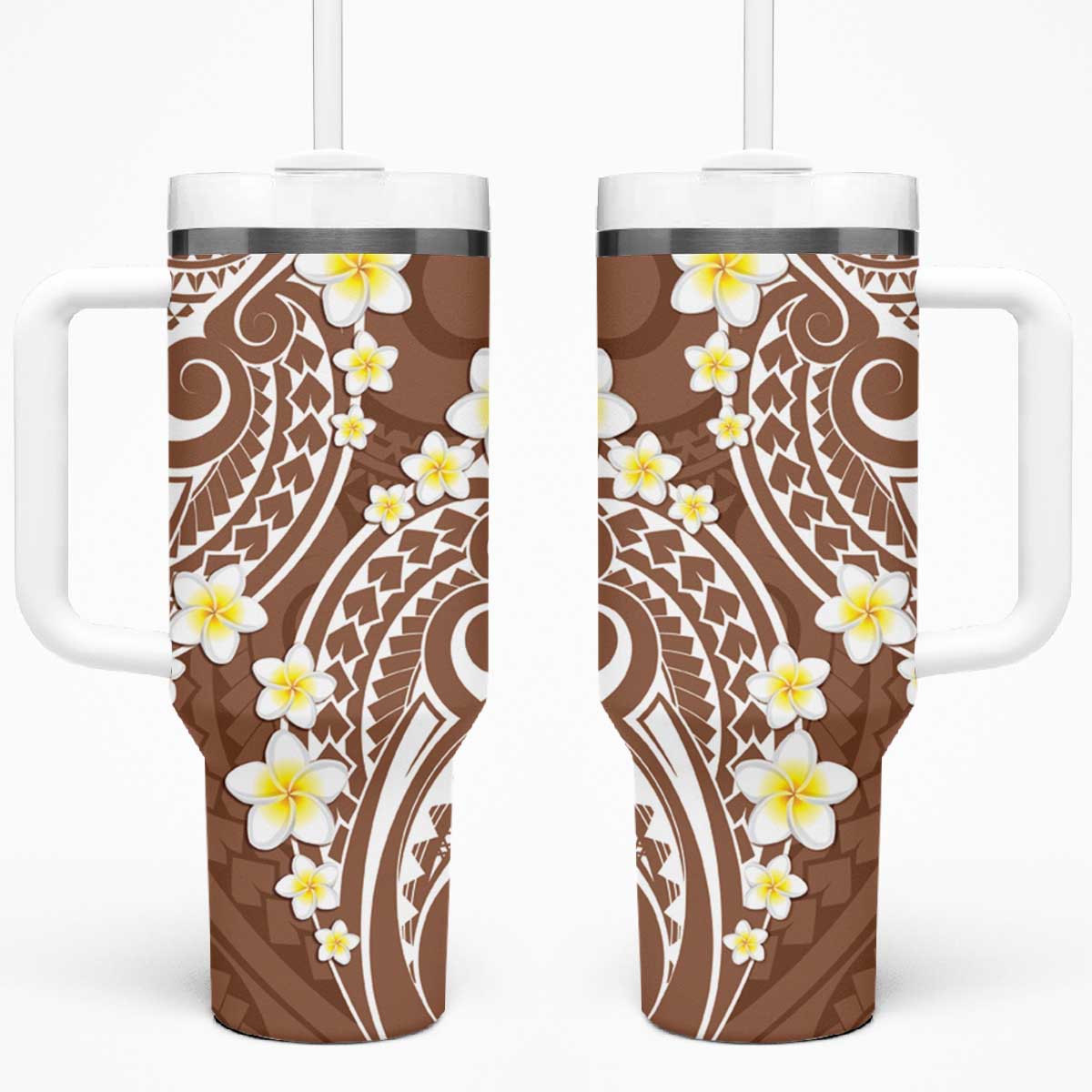 Plumeria With Brown Polynesian Tattoo Pattern Tumbler With Handle LT05 One Size: 40 oz Brown - Polynesian Pride