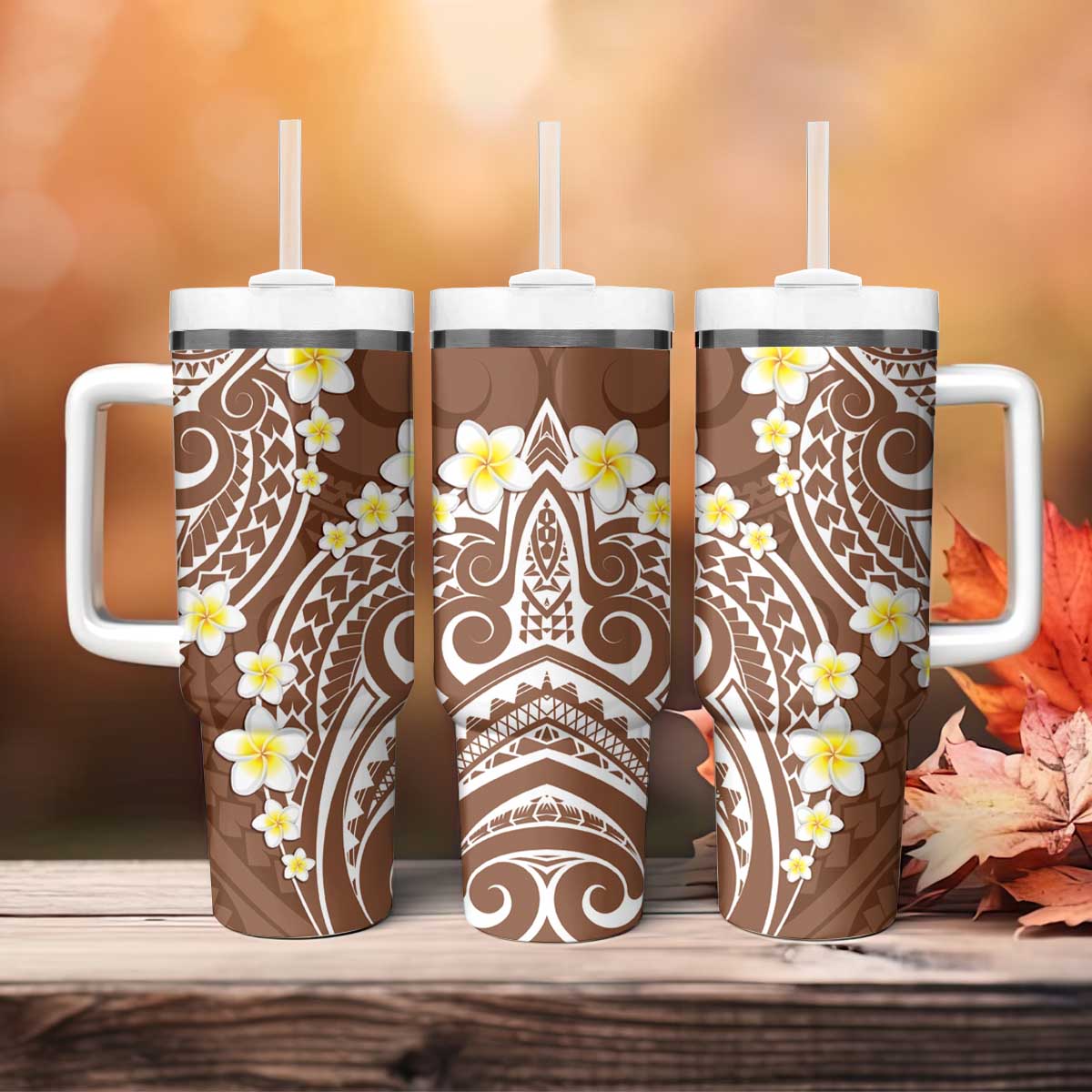 Plumeria With Brown Polynesian Tattoo Pattern Tumbler With Handle LT05 - Polynesian Pride