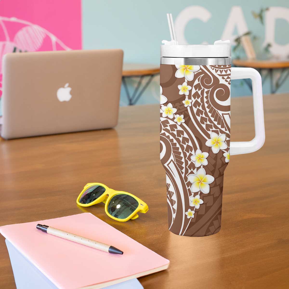 Plumeria With Brown Polynesian Tattoo Pattern Tumbler With Handle LT05 - Polynesian Pride