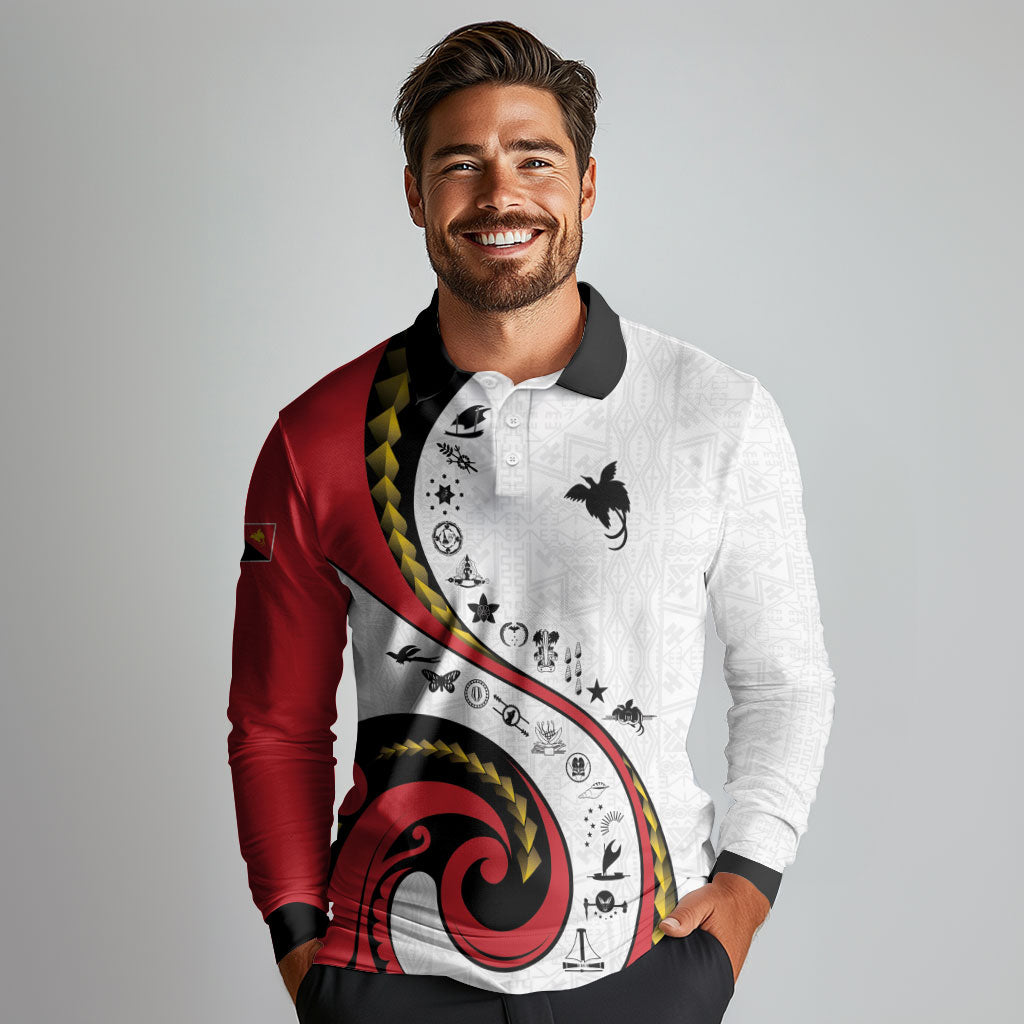 Papua New Guinea Independence Long Sleeve Polo Shirt Special Style White Version LT05 - Polynesian Pride