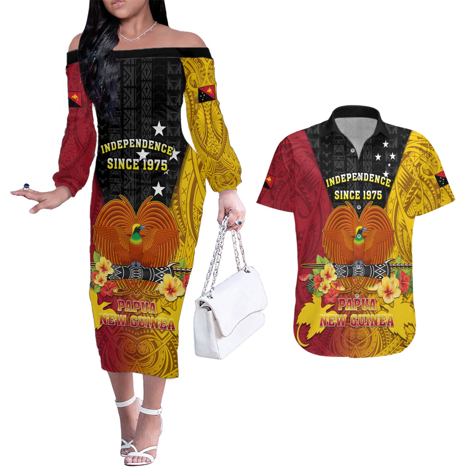Personalized Papua New Guinea Independence Day Couples Matching Off The Shoulder Long Sleeve Dress and Hawaiian Shirt Bird Of Paradise With Polynesian Pattern LT05 Yellow - Polynesian Pride