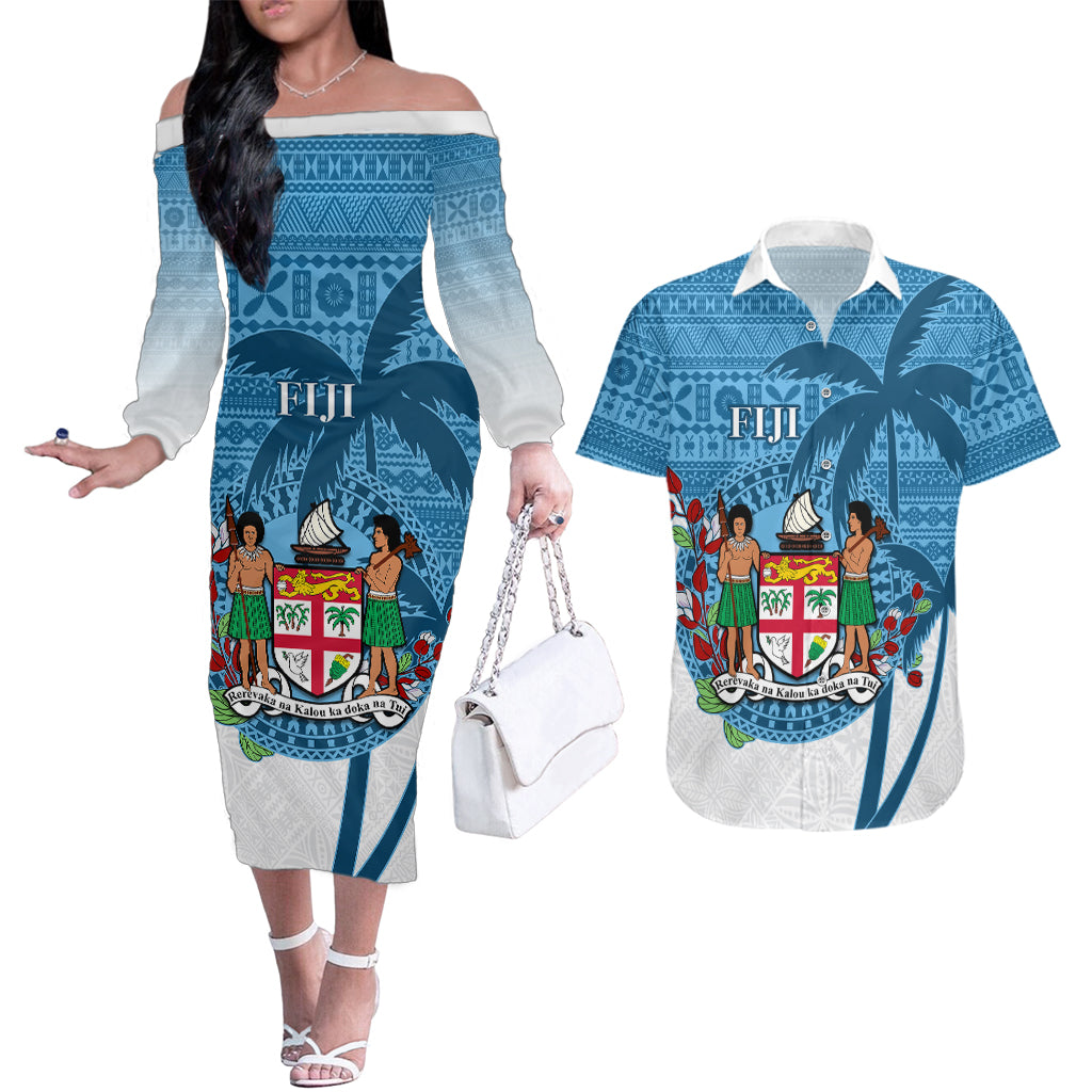 Personalized Fiji Couples Matching Off The Shoulder Long Sleeve Dress and Hawaiian Shirt Coat Of Arms Tagimoucia With Fijian Tapa Pattern LT05 Blue - Polynesian Pride