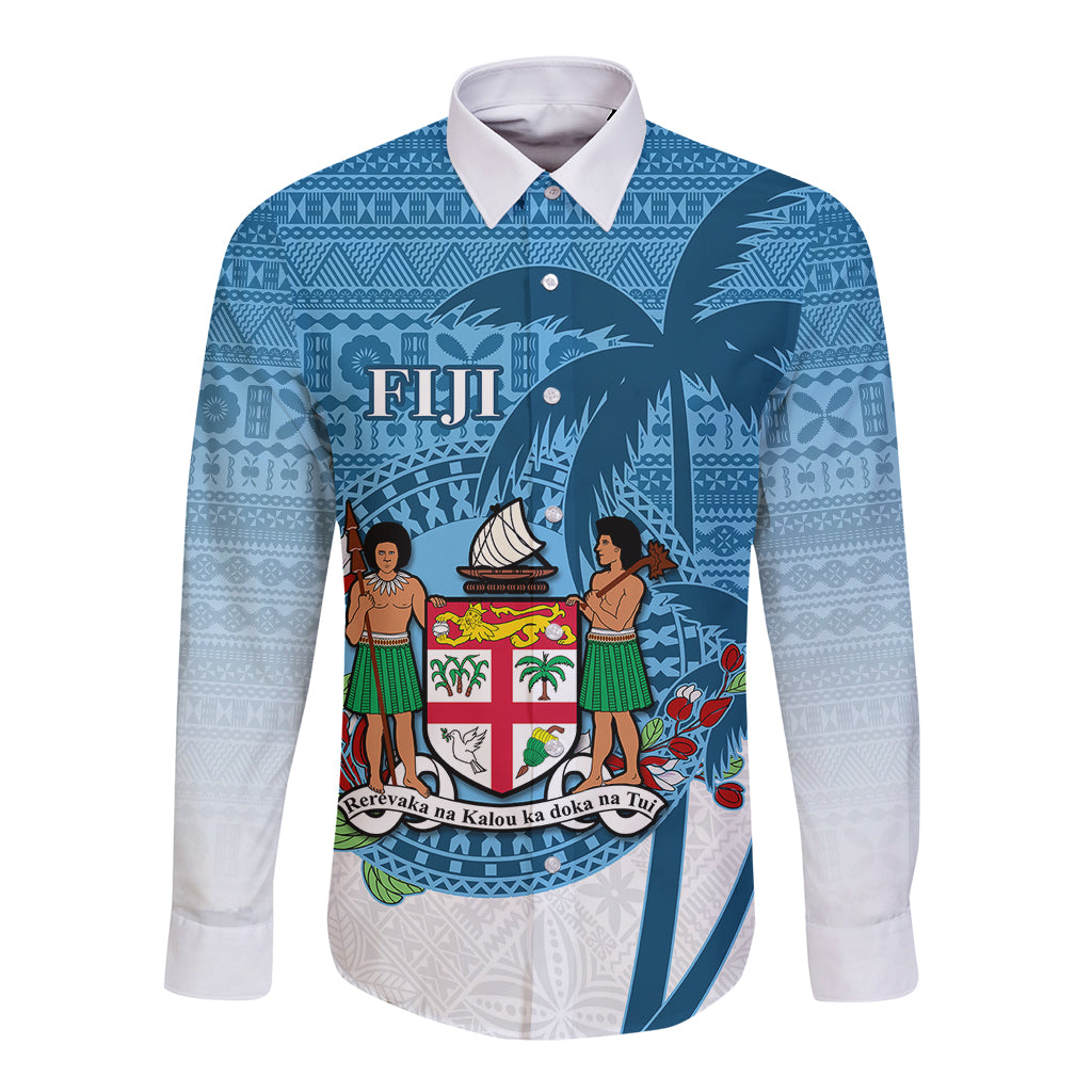 Personalized Fiji Long Sleeve Button Shirt Coat Of Arms Tagimoucia With Fijian Tapa Pattern LT05 Unisex Blue - Polynesian Pride