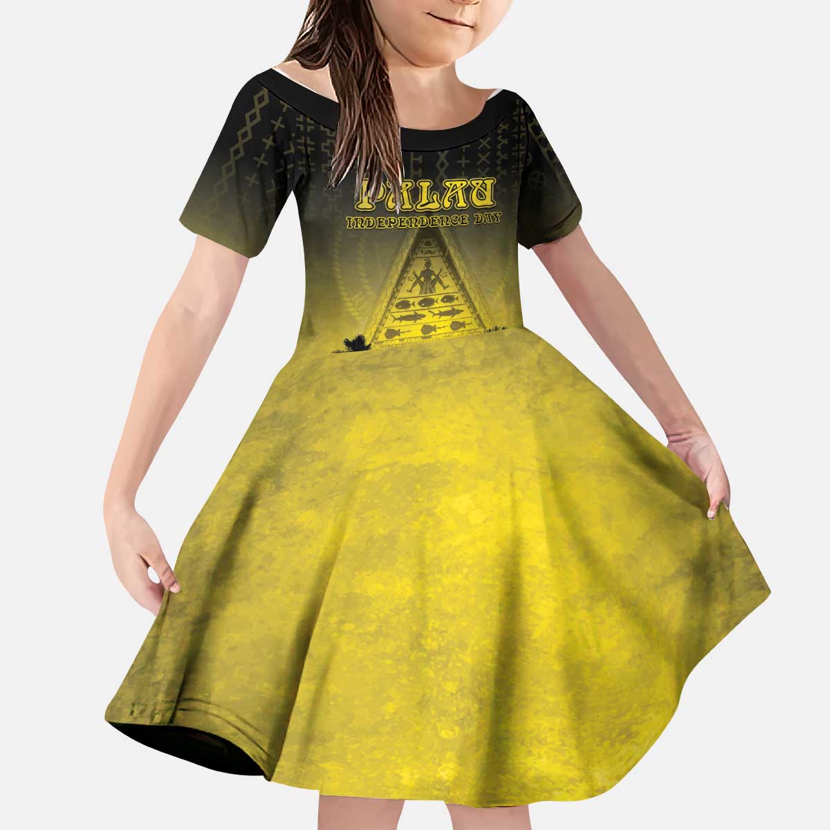 Personalised Palau Independence Day Kid Short Sleeve Dress Palauan Tattoo Pattern LT05 KID Black - Polynesian Pride