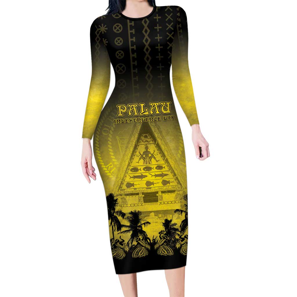 Personalised Palau Independence Day Long Sleeve Bodycon Dress Palauan Tattoo Pattern LT05 Long Dress Black - Polynesian Pride