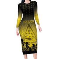 Personalised Palau Independence Day Long Sleeve Bodycon Dress Palauan Tattoo Pattern LT05 Long Dress Black - Polynesian Pride