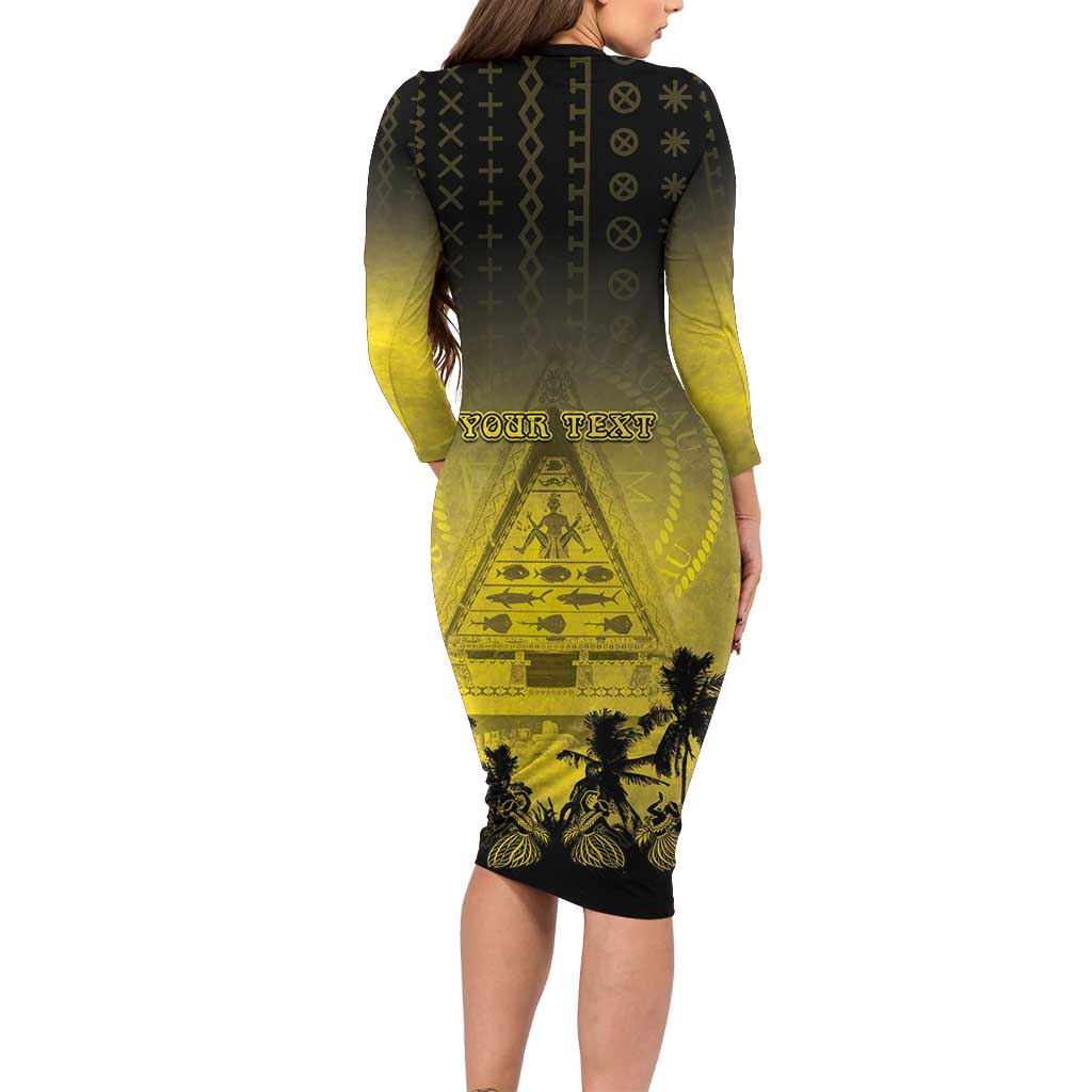 Personalised Palau Independence Day Long Sleeve Bodycon Dress Palauan Tattoo Pattern LT05 - Polynesian Pride