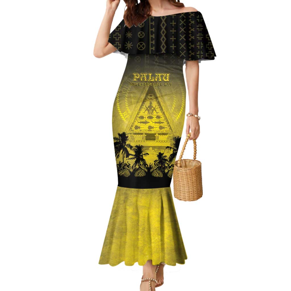 Personalised Palau Independence Day Mermaid Dress Palauan Tattoo Pattern LT05 Women Black - Polynesian Pride