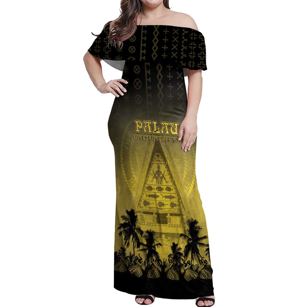 Personalised Palau Independence Day Off Shoulder Maxi Dress Palauan Tattoo Pattern LT05 Women Black - Polynesian Pride