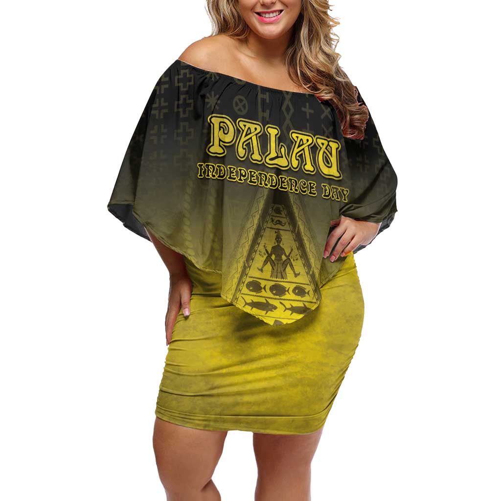 Personalised Palau Independence Day Off Shoulder Short Dress Palauan Tattoo Pattern LT05 Women Black - Polynesian Pride